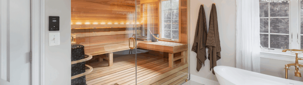 indoor modern sauna | St. Lawrence Pools, Hot Tubs, Fitness, Billiards & Patio