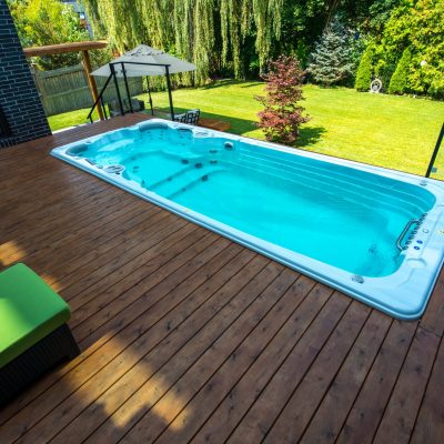 Hydropool 19' fx Swim Spa with Decking and landscaping